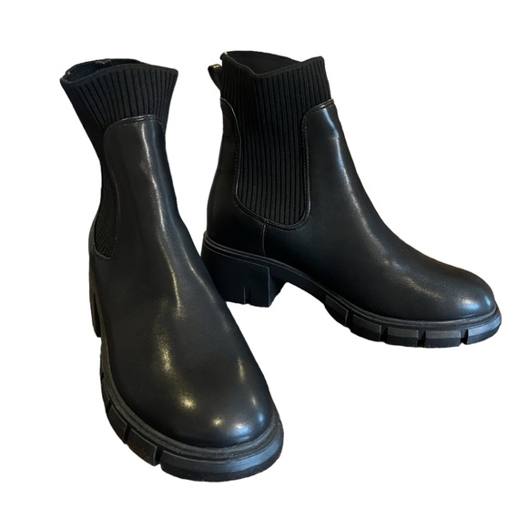 New lug sole block heel Chelsea combat boots black faux leather rubber elastic - Picture 2 of 11